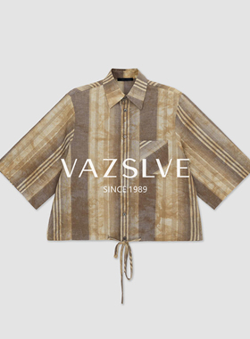 夏季新款植物晕染几何条纹撞色五分袖下摆抽绳衬衫 SS123451