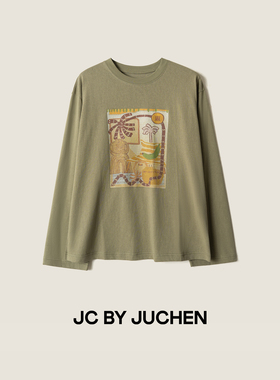 夏威夷椰树设计图案月桂绿宽松棉质长袖T恤 FW117013-195