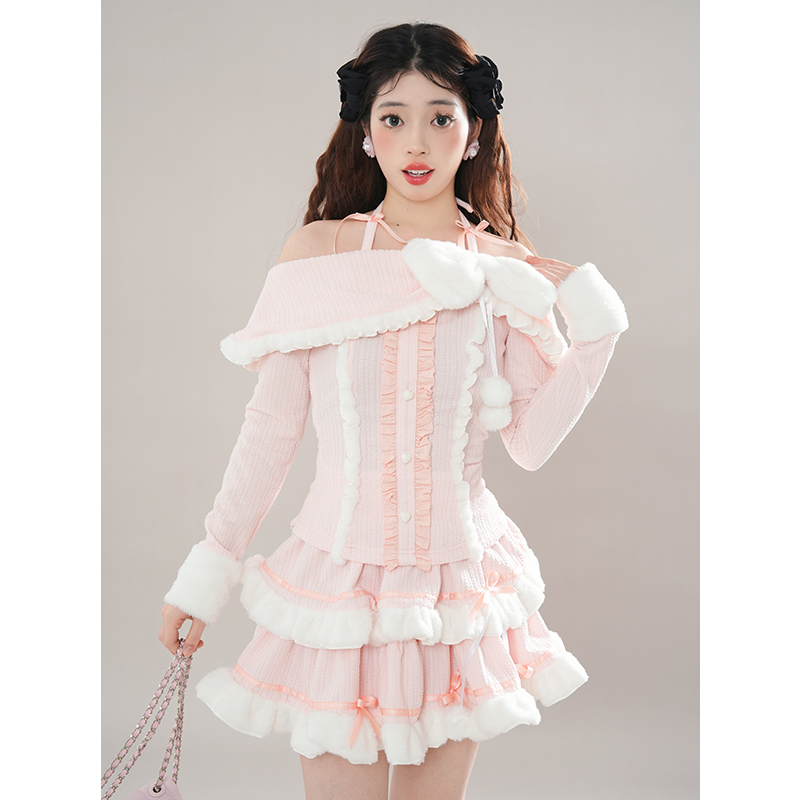 甜美可爱蝴蝶结多巴胺套装女冬季氛围感纯欲甜辣显瘦上衣半裙套装