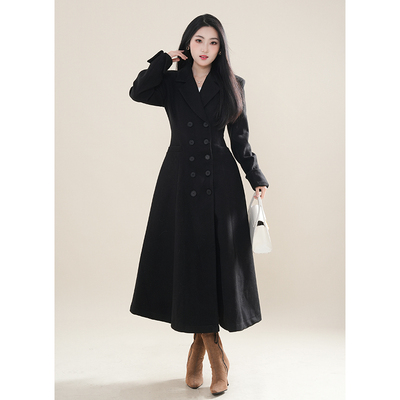 张元英冬装新款斗篷感极简牛角女主穿搭毛呢大衣女中长款连衣裙