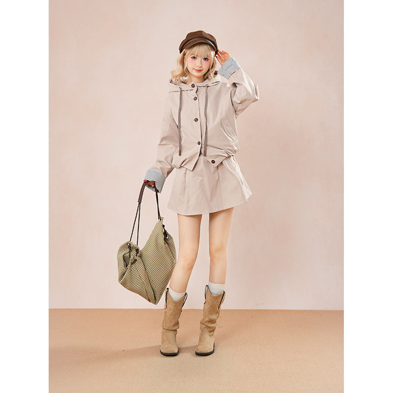 韩版连帽风衣外套半身裙套装小众高级感宽松百搭卫衣短裙两件套