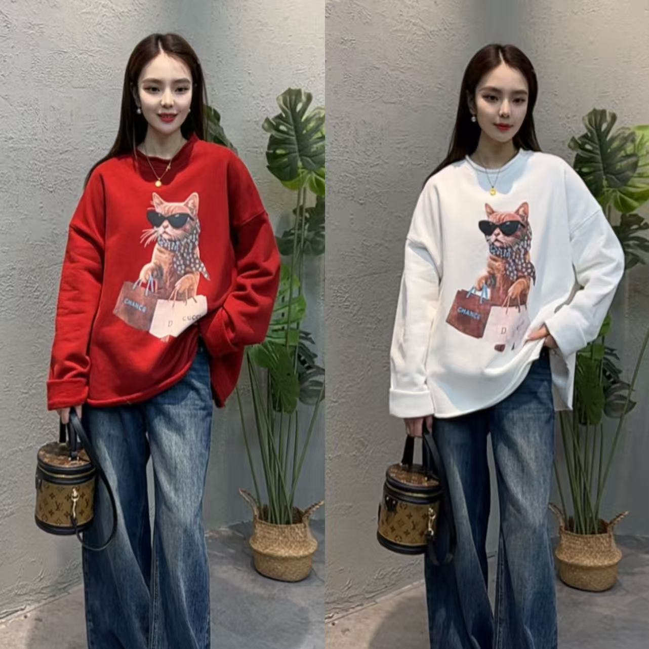 YM81085秋冬新款韩版墨镜猫咪宽松休闲圆领套头加绒加厚卫衣女