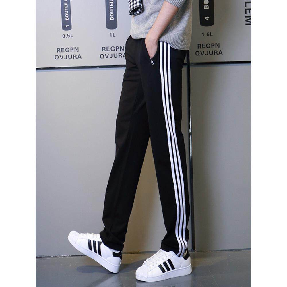 三条纹运动裤男士宽松直筒休闲运动裤纯棉条纹中学生针织裤加码裤