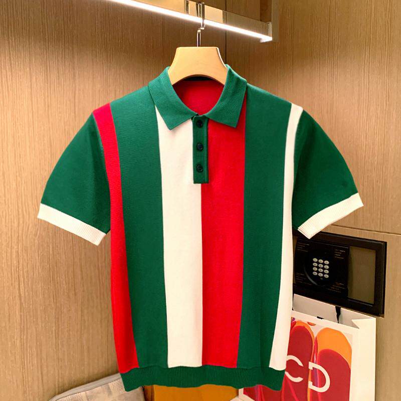 夏季新款休闲时尚翻领t恤针织短袖男 高级绿色条纹拼色男士polo衫
