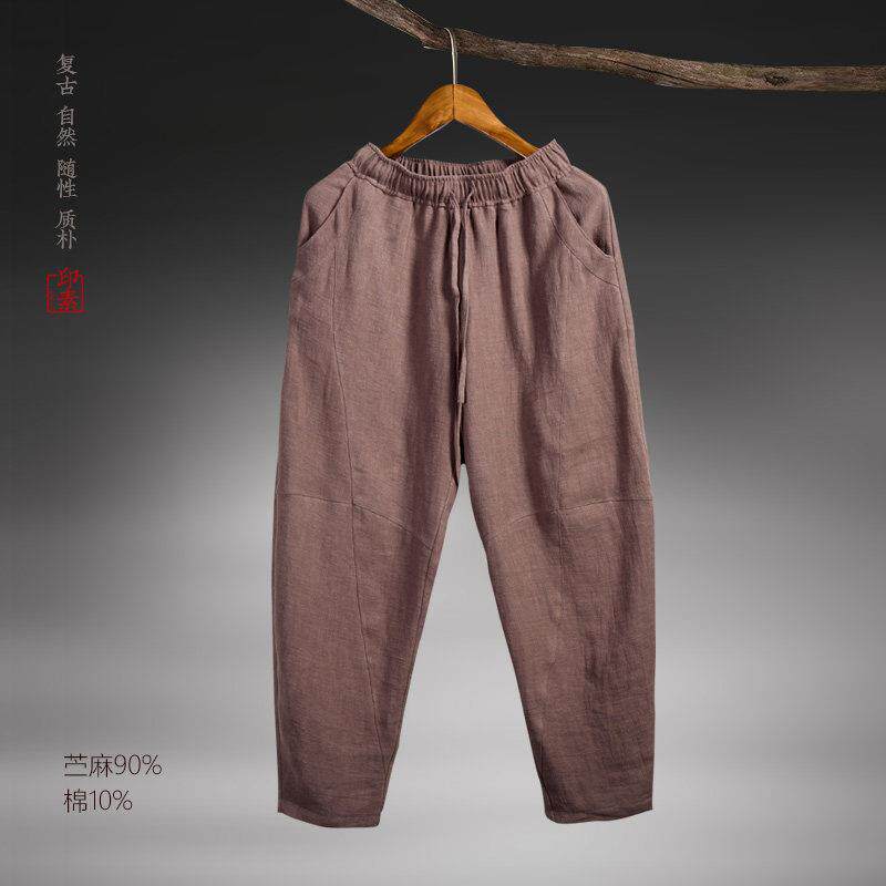 春夏款季90%苎麻男裤大尺码宽松烟管裤男士棉麻休闲 裤阔腿哈伦裤