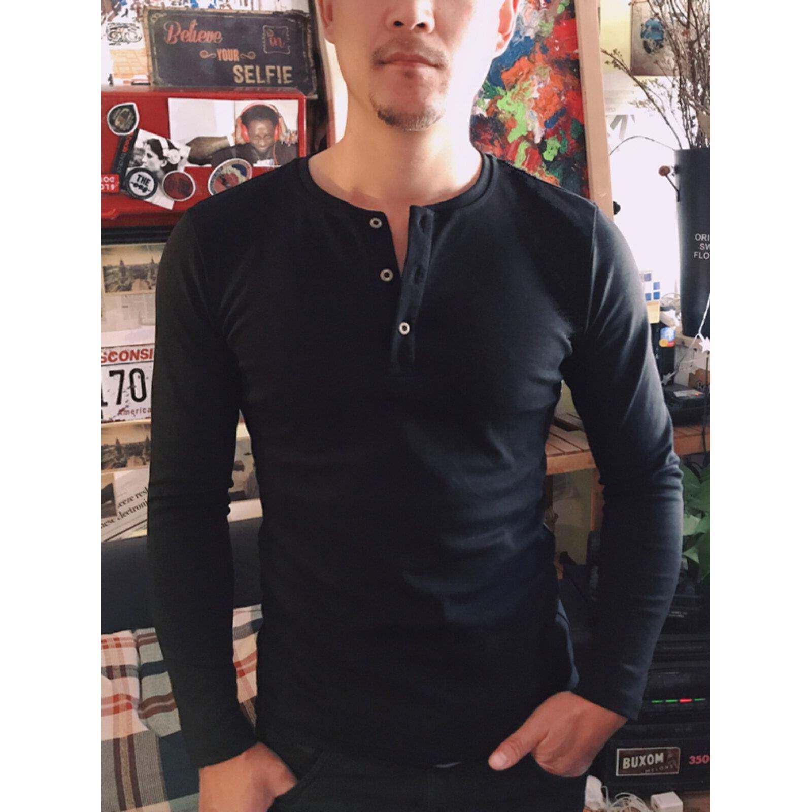 加厚款男士长袖重磅纯棉硬汉修身覆古亨利领打底内搭衫t恤上衣服