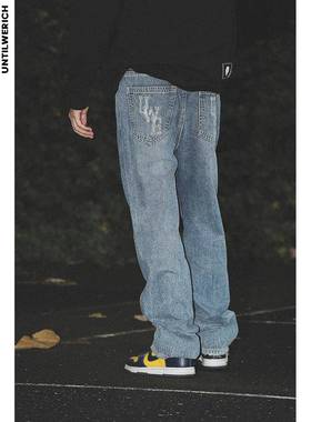 UNTILWERICH早秋水洗牛仔裤男直筒裤子刺绣宽松男士休闲嘻哈长裤