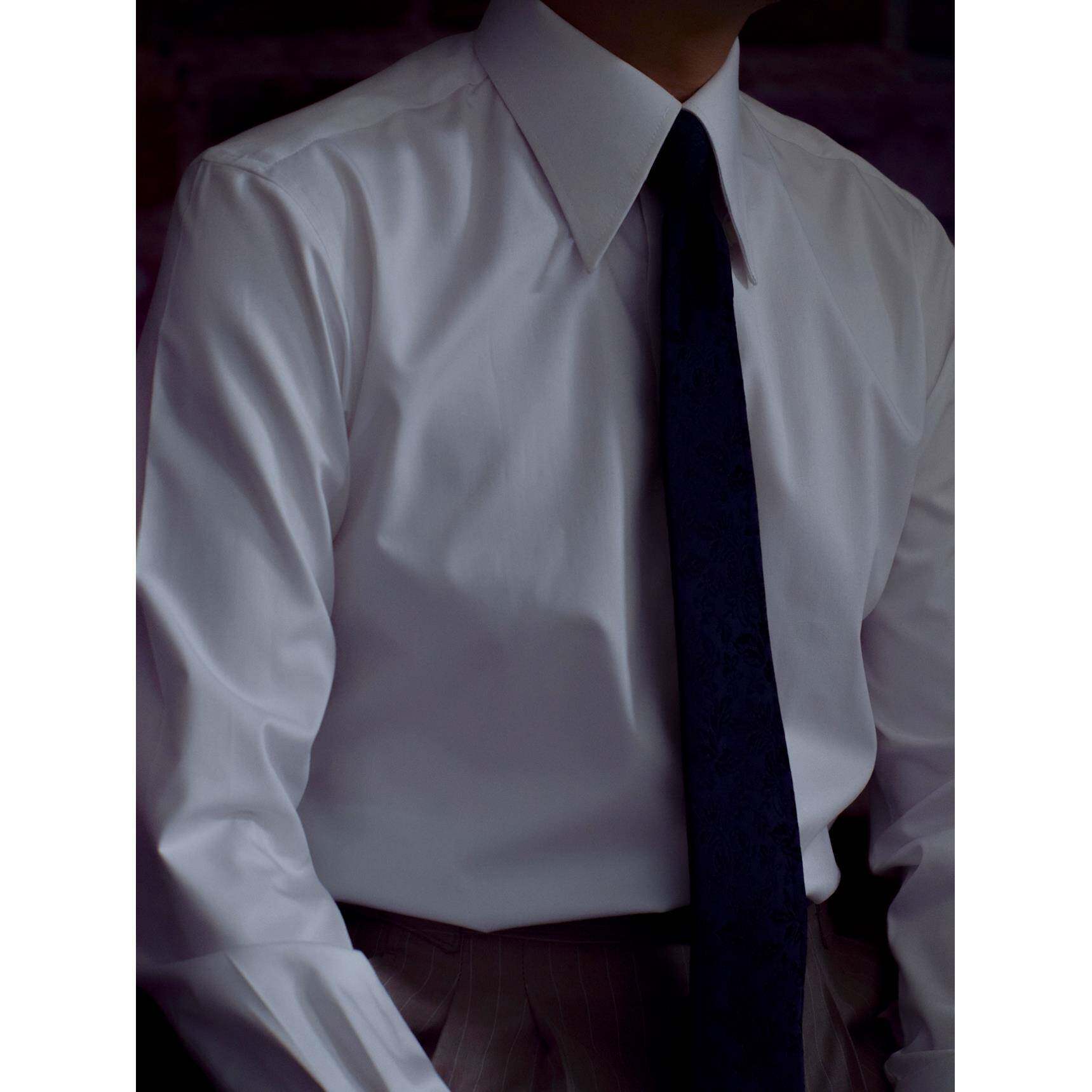 高端日常修身免烫抗皱长尖领竹纤维英伦雅痞男士白色休闲长袖衬衫