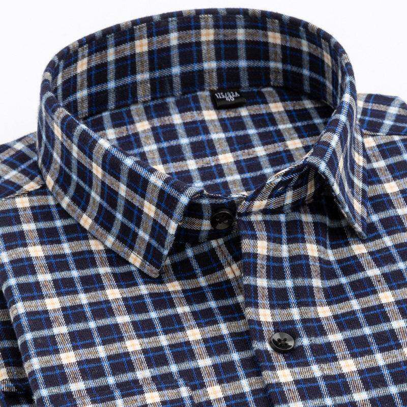 春秋款纯棉格子衬衫男长袖中年爸爸装男式休闲内搭中老年人棉衬衫