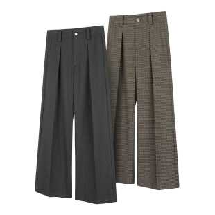 DESERTO 羊毛混纺条纹千鸟格A字分褶休闲 阔腿垂感宽松西裤长裤男