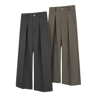 DESERTO 羊毛混纺条纹千鸟格A字分褶休闲 阔腿垂感宽松西裤长裤男