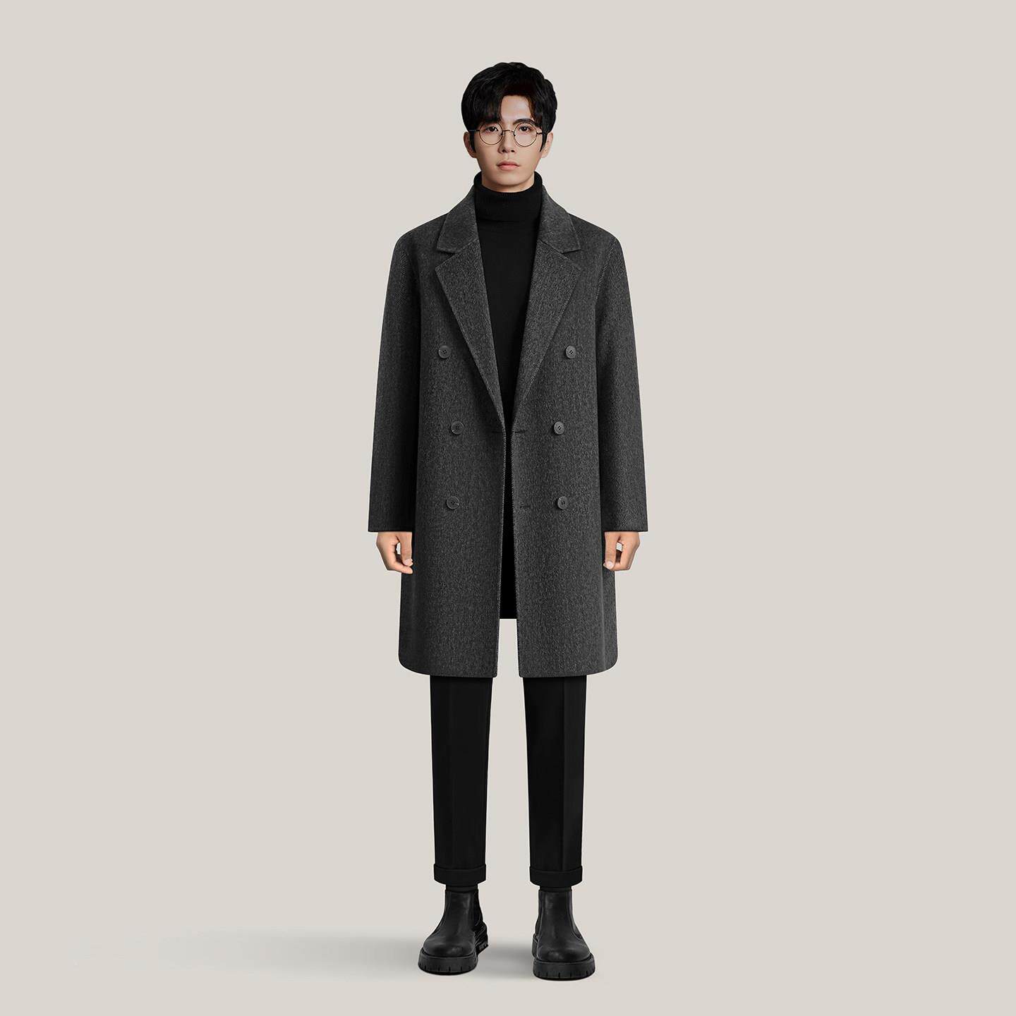 2025冬季新款毛羊SUS呢大衣男士中款长双面毛英伦风厚西装呢子外