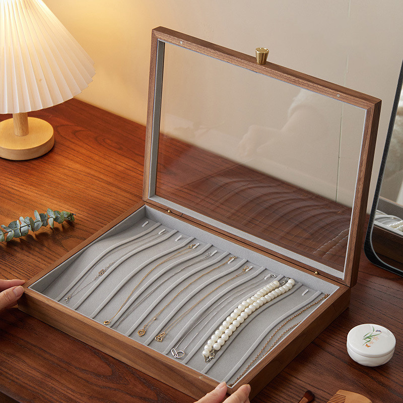 木质项链收纳盒带盖透明玻璃防尘长款手链毛衣链饰品首饰收纳盒