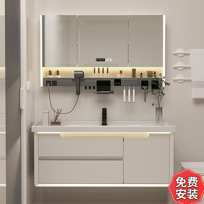奶油风浴室柜洗脸盆柜组合洗手池卫生间洗漱台面陶瓷一体盆镜简约