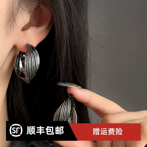 枪黑色耳环女耳圈气质百搭耳饰
