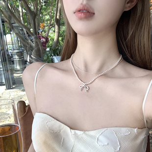 蝴蝶结小米珍珠双层项链轻奢小众颈链配饰女锁骨高级感轻奢小众