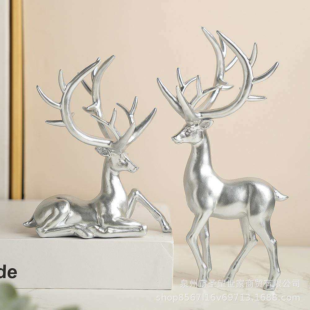 北欧树脂工艺品创意装饰电镀金色糜鹿对鹿摆件客厅电视柜家居摆设