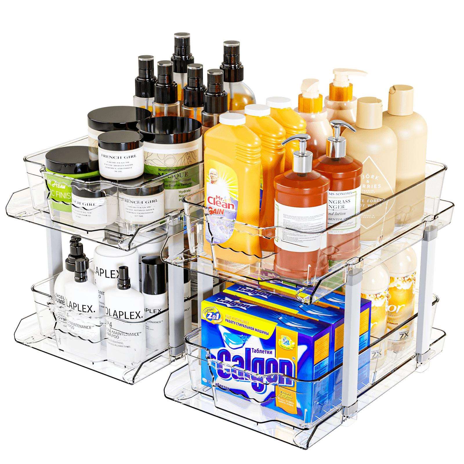 跨境透明铝合金双层抽拉式橱柜收纳架厨房储物盒厨下收纳盒置物架