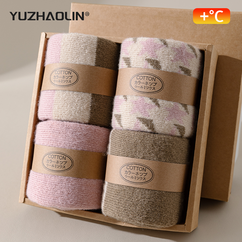 粉色羊绒袜子女秋冬季中筒袜保暖