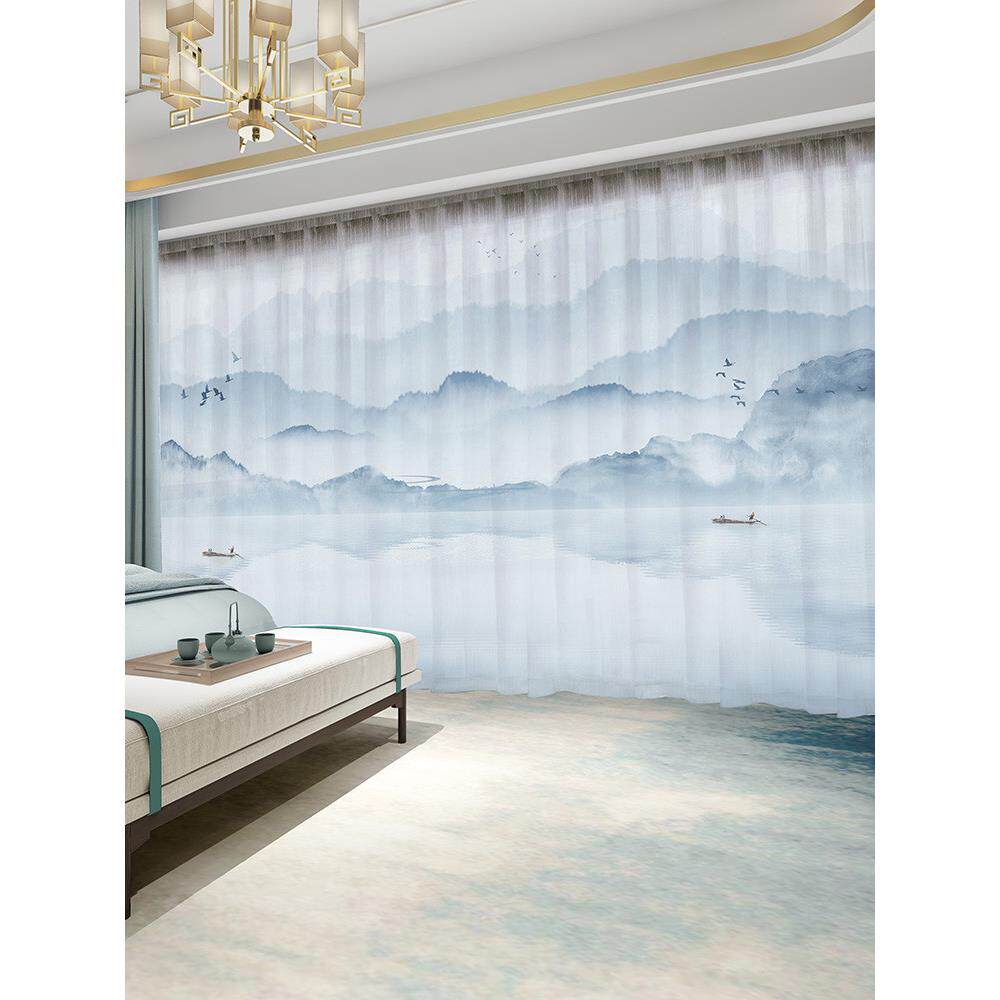 新中式窗帘遮光2025新款高端中国风景山水客厅卧室阳台水墨画纱帘