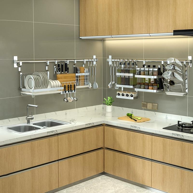 304不锈钢厨房置物架壁挂免打孔碗碟架放墙上筷笼挂架调料收纳层