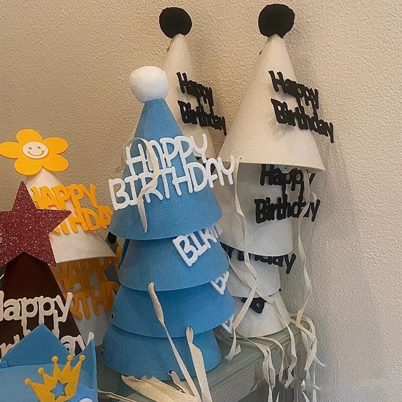 ins风生日快乐生日帽可爱笑脸毛毡无纺布蝴蝶结宝宝周岁派对装扮