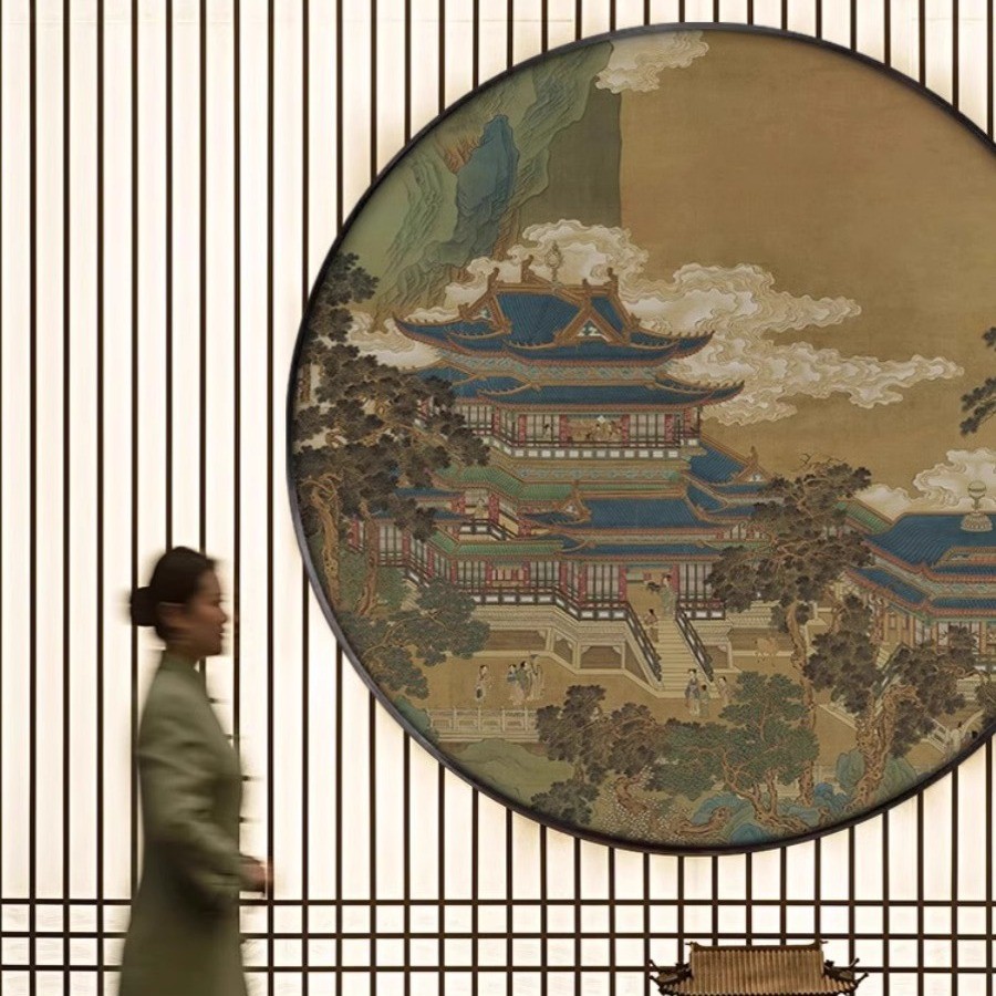 新中式酒店大堂圆形挂画客厅茶室玄关走廊壁画国风山水楼阁装饰画图片