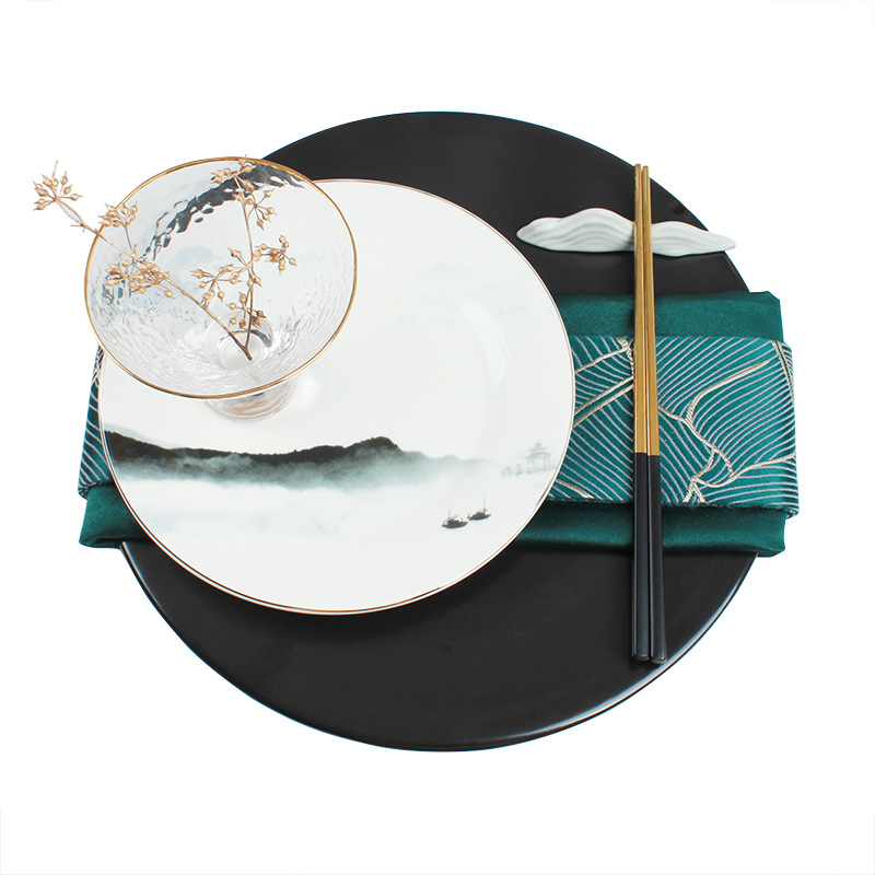 墨绿色新中式样板房间餐具摆台软装饰品餐桌摆件西式餐具筷子筷架