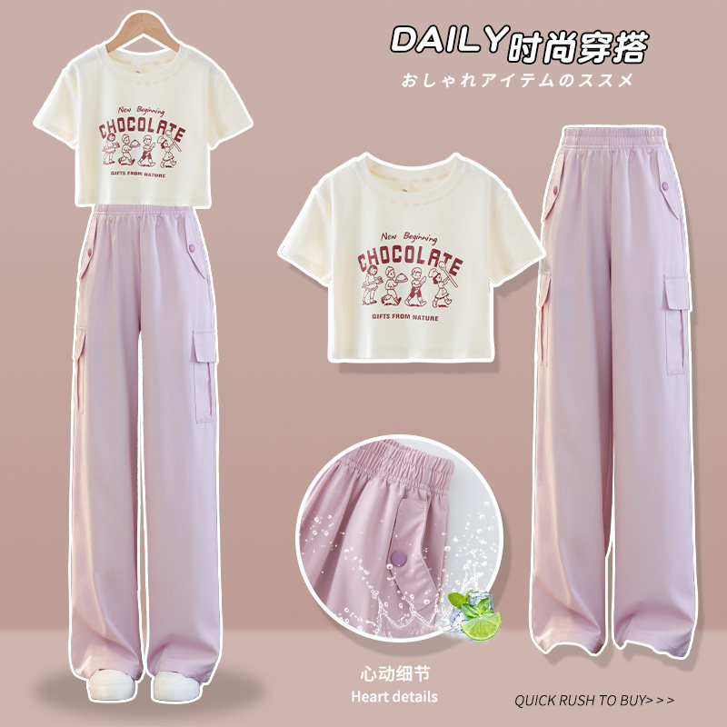 StAousiton女童夏装套装2024新款洋派儿童网红大童夏季短袖两件套