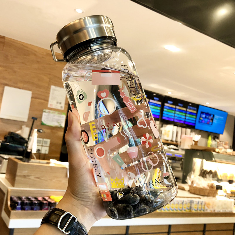 英国DHWA刻度玻璃杯少女便携水杯大容量1000ml杯子可爱男女泡茶杯