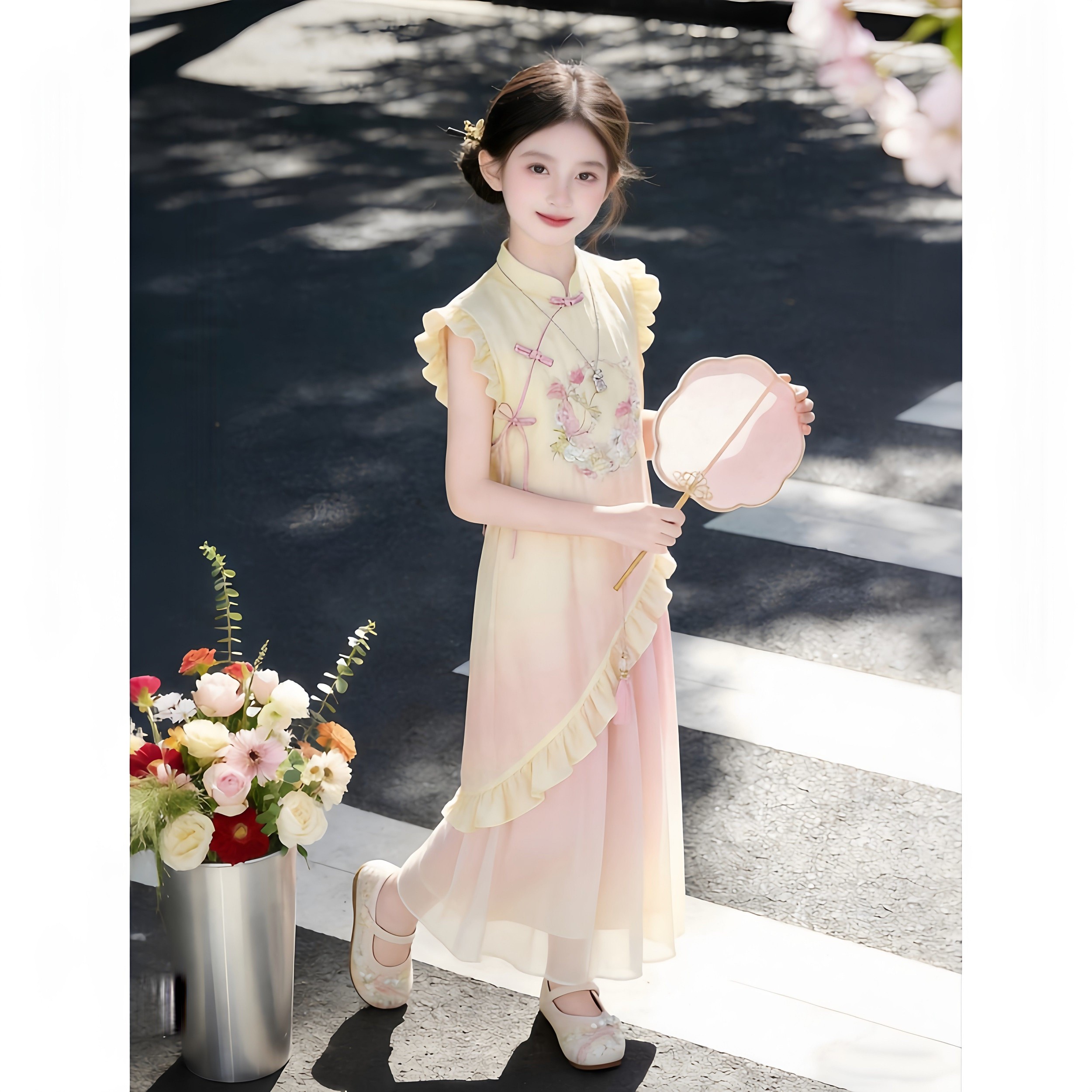 法国BADNUT女童连衣裙夏季2026新款儿童旗袍裙夏装渐变刺绣公主裙