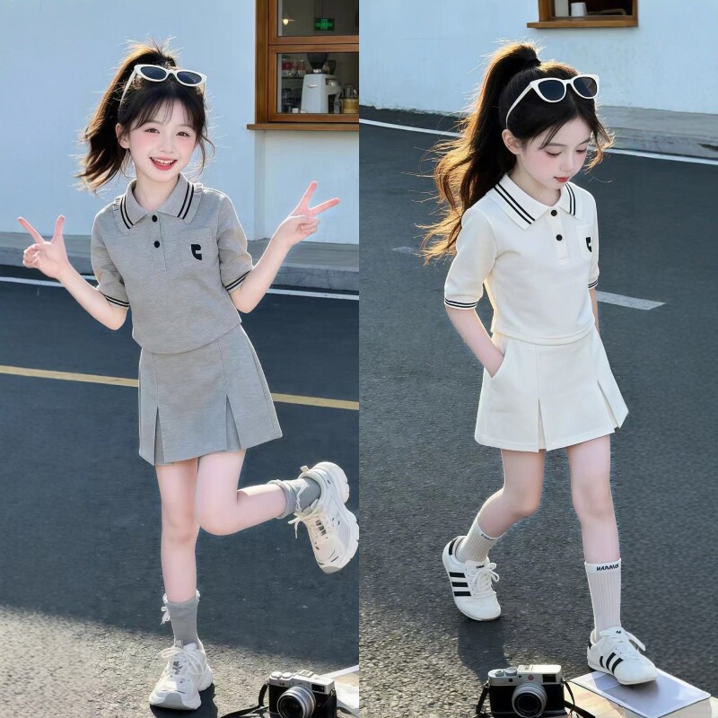 法国BADNUT女童夏季套装2026新款女大童韩系运动POLO衫裙裤两件套