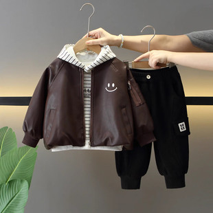 英国DHWA男童秋装套装宝宝春秋季时髦衣服酷帅儿童皮衣外套三件套
