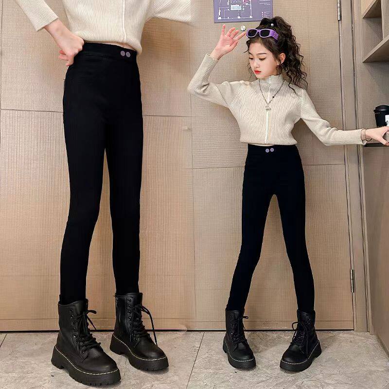 Next Kiss女童打底裤2024春秋冬季新款中大童加绒小脚黑色牛仔裤