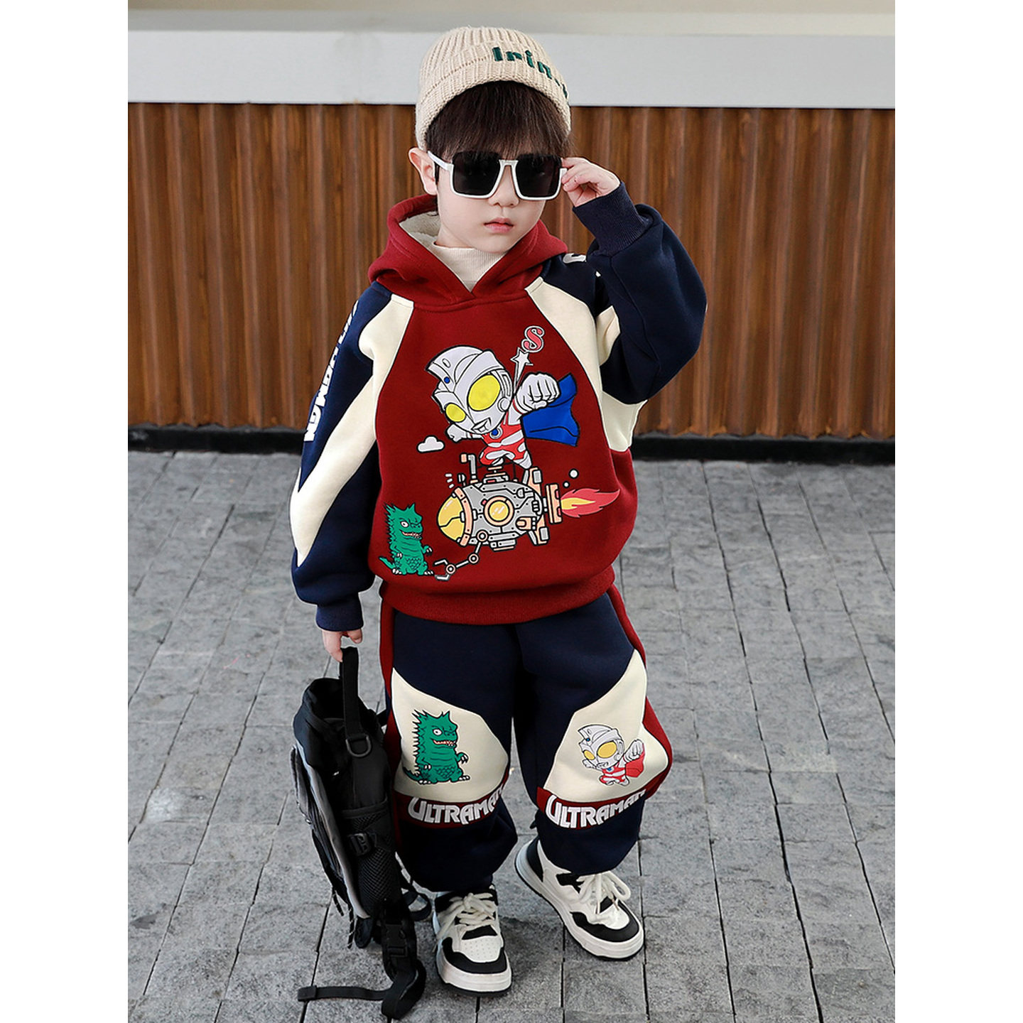 英国DGKP男童套装2025秋冬新款潮酷奥特曼衣服儿童加绒卫衣两件套