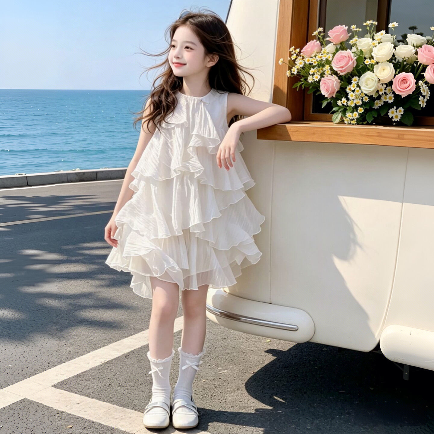 女童2026夏季新款独特漂亮连衣裙小女孩无袖背心荷叶边沙滩蛋糕裙