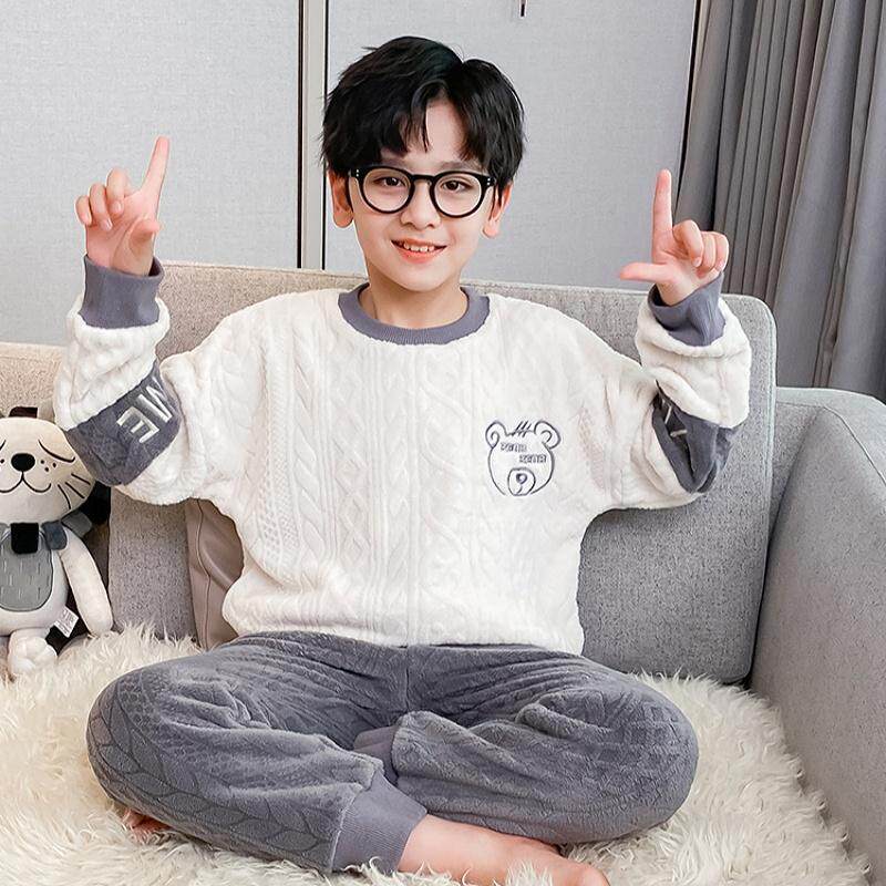 SaintAousiton男童睡衣套装秋冬季珊瑚绒加厚法兰绒中大童家居服