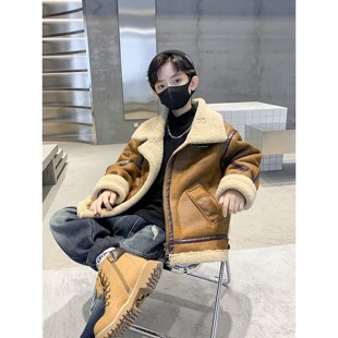 法国BADNUT男童冬季加绒外套2025新款儿童男孩皮毛一体羊羔绒皮衣