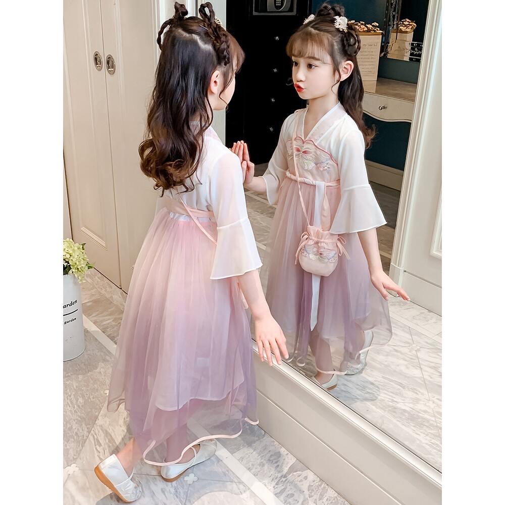 StAousiton女童夏装连衣裙2024新款儿童超仙汉服公主裙古装唐装裙