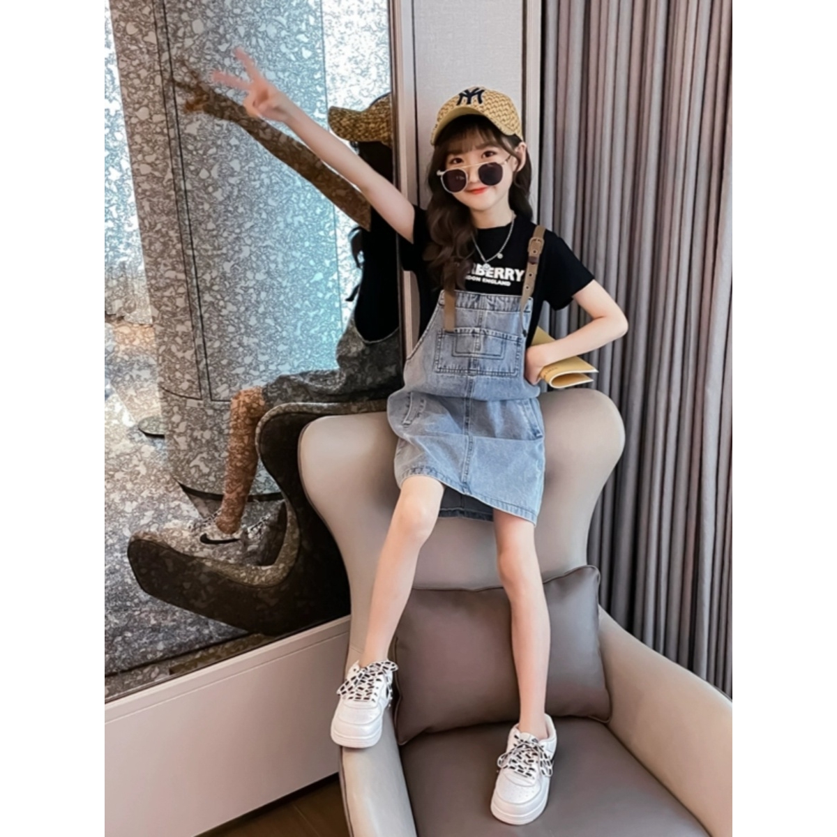 Next kiss女童牛仔背带裙2025夏新款儿童短裤套装潮酷休闲两件套