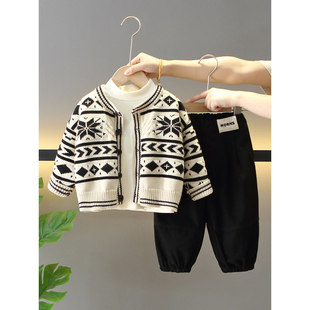 英国DHWA男童秋季套装酷帅宝宝春秋装衣服时尚儿童毛衣外套三件套