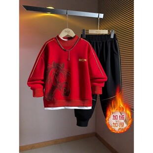 法国BADNUT男童红色卫衣套装2026新款秋冬季加绒加厚马年本命年服