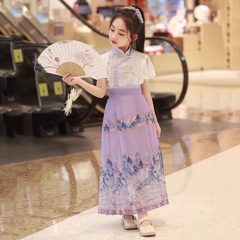 netx LONG女童马面裙2024年夏款汉服套装小女孩中国风唐装半身裙