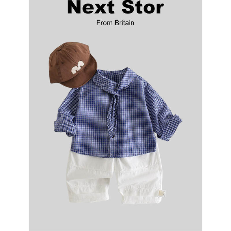 英国netx Stor 男宝宝秋季新款两件套婴幼儿洋气格子衬衫裤子套装