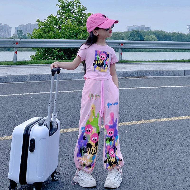 DHWA女童套装2026夏季新款女孩短袖粉色裤子洋气休闲裤