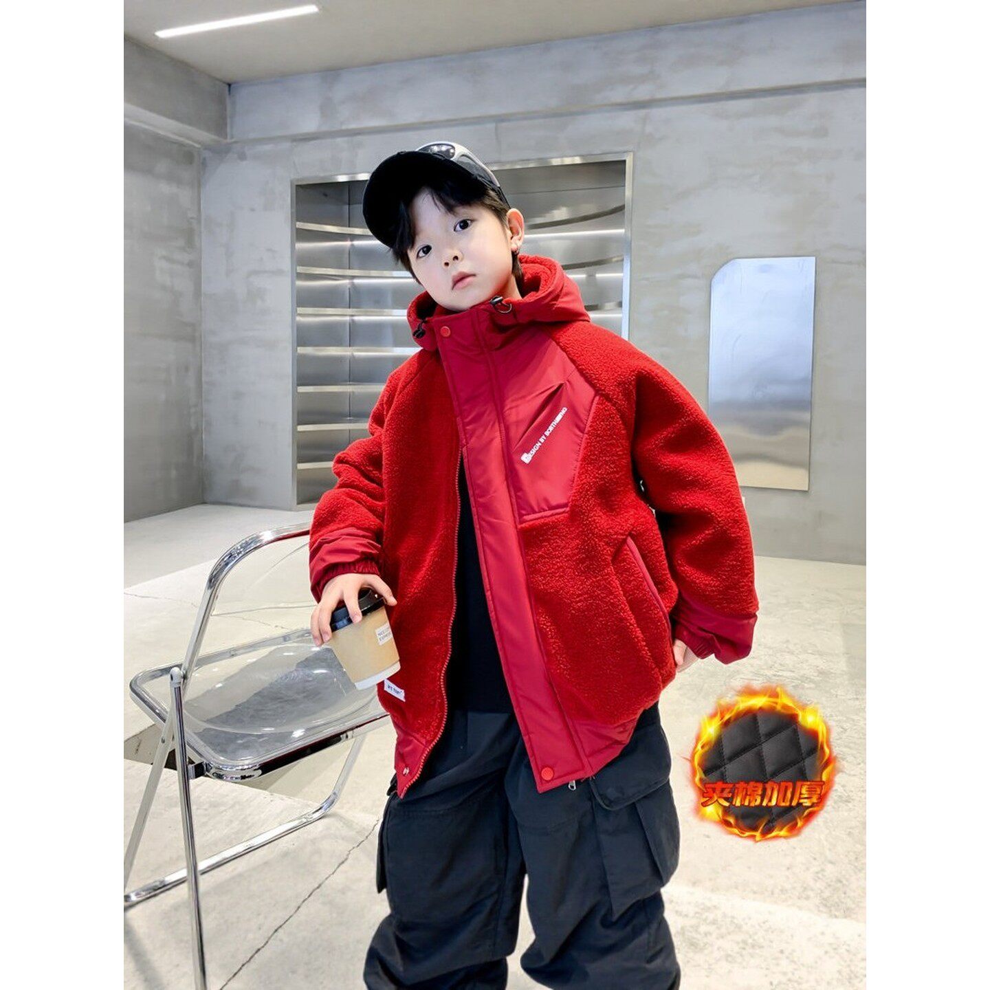 法国BADNUT男童秋冬外套2026新款儿童红色中大童加厚羊羔绒毛毛衣