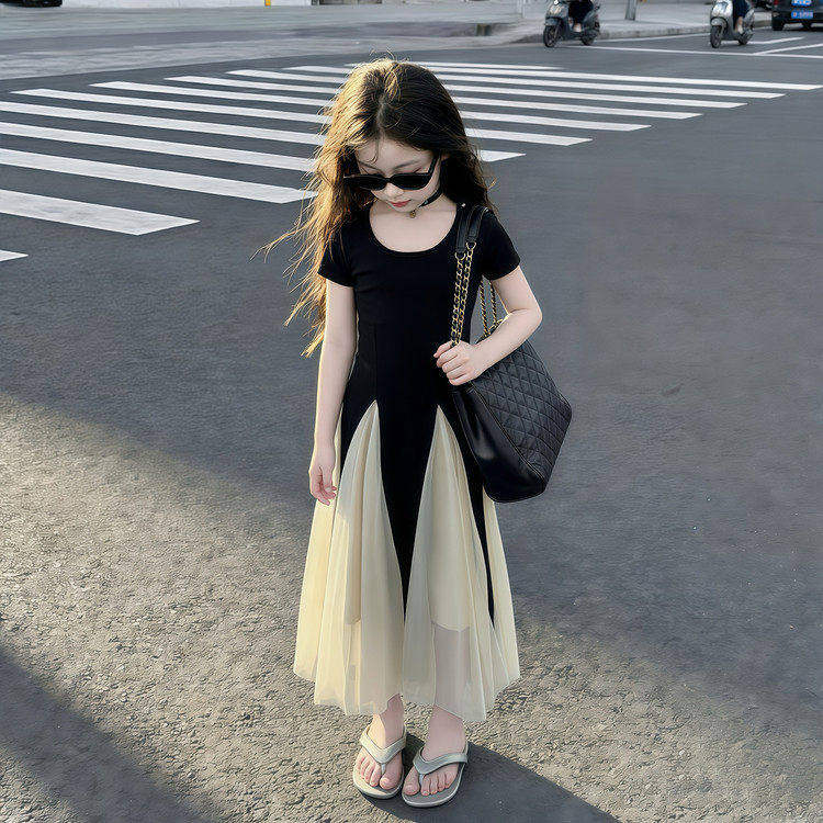 法国BADNUT女童连衣裙夏季2026新款拼接网纱长裙韩版裙子气质摆裙