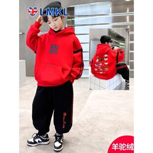英国LMKL男童套装2026新款冬季红色新年卫衣裤加绒加厚儿童两件套
