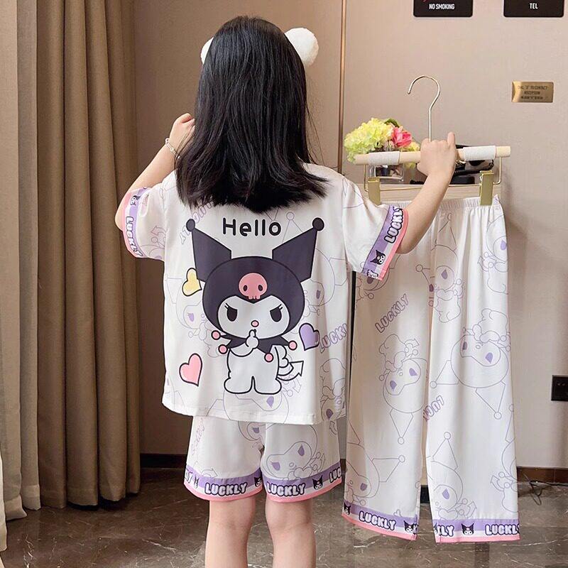 2026新款儿童睡衣夏季真丝薄款三件套女童短袖大童女孩冰丝家居服
