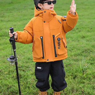 英国DHWA男童加绒外套儿童秋冬款冲锋衣痞帅时髦男孩冬装加厚棉服